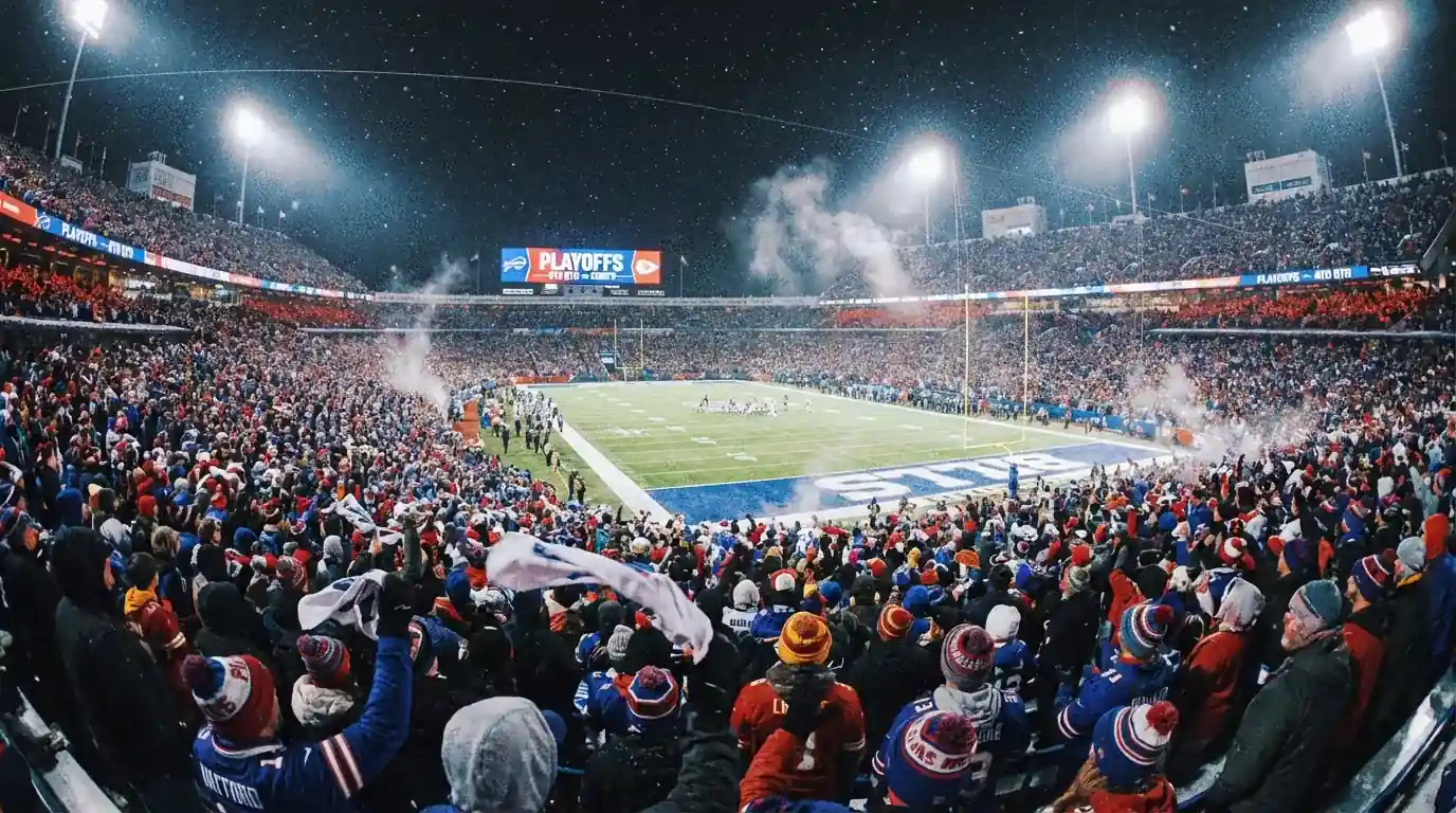 Estadio NFL lleno durante un partido de playoffs con ambiente de postemporada